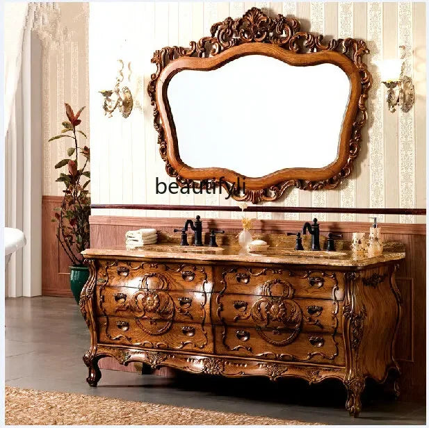 yj European-Style Bathroom Cabinet Red Oak Solid Wood Washstand American Marble Bathroom Cabinet