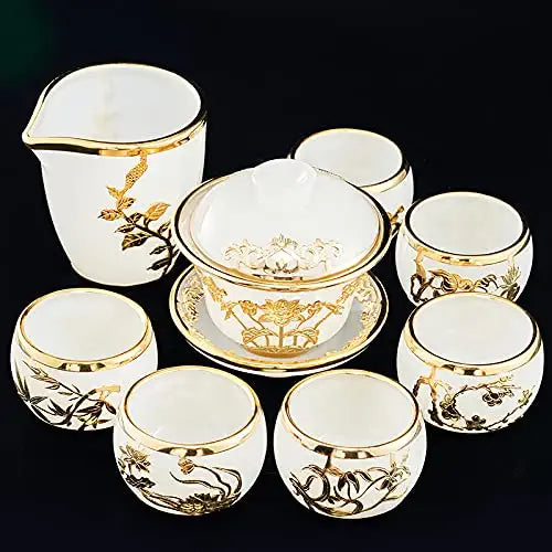 * MMOOKA Gold Inlaid Jade Glass Tea Set Complete Set Of Home Gift Box High-End (12-piece set)