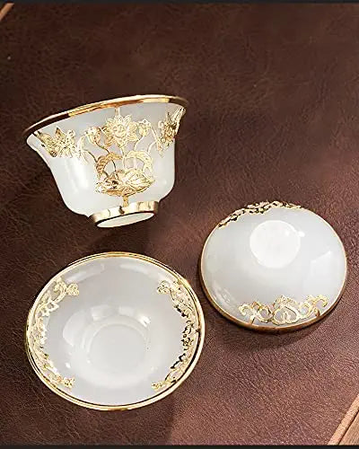 * MMOOKA Gold Inlaid Jade Glass Tea Set Complete Set Of Home Gift Box High-End (12-piece set)