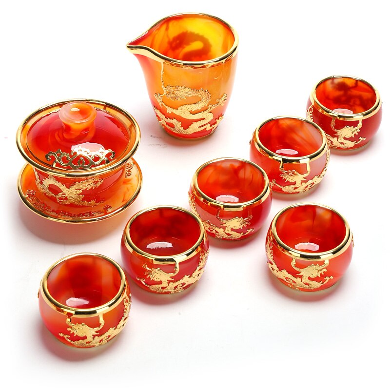 MMOOKA Gold Inlaid with Jade Glass Kung Fu Tea Set Silver Plated Cover Teacup Pitcher Complete Set Jade Porcelain Gift Box