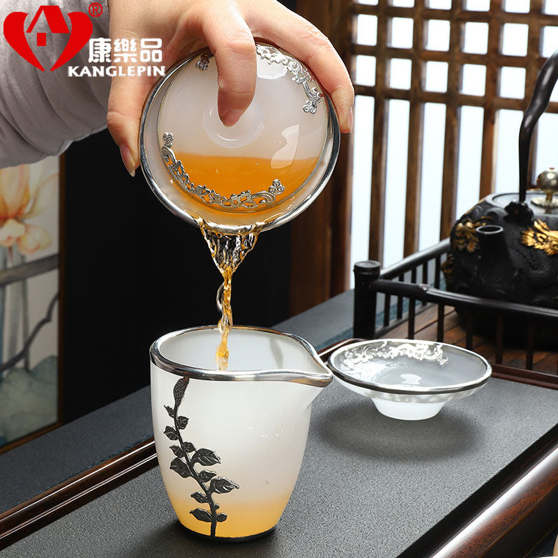 MMOOKA Gold Inlaid with Jade Glass Kung Fu Tea Set Silver Plated Cover Teacup Pitcher Complete Set Jade Porcelain Gift Box