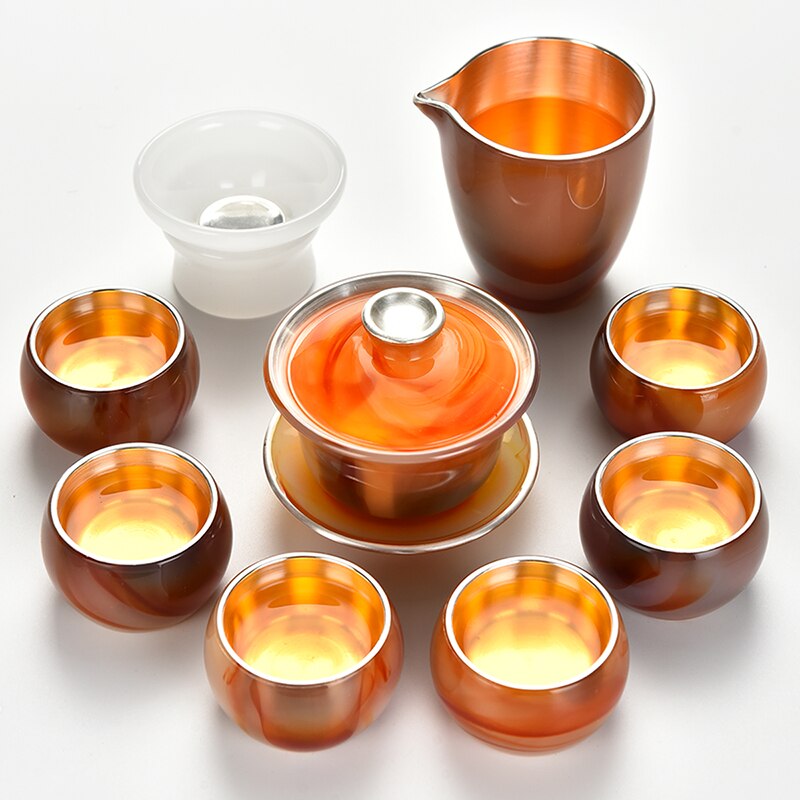 MMOOKA Gold Inlaid with Jade Glass Kung Fu Tea Set Silver Plated Cover Teacup Pitcher Complete Set Jade Porcelain Gift Box