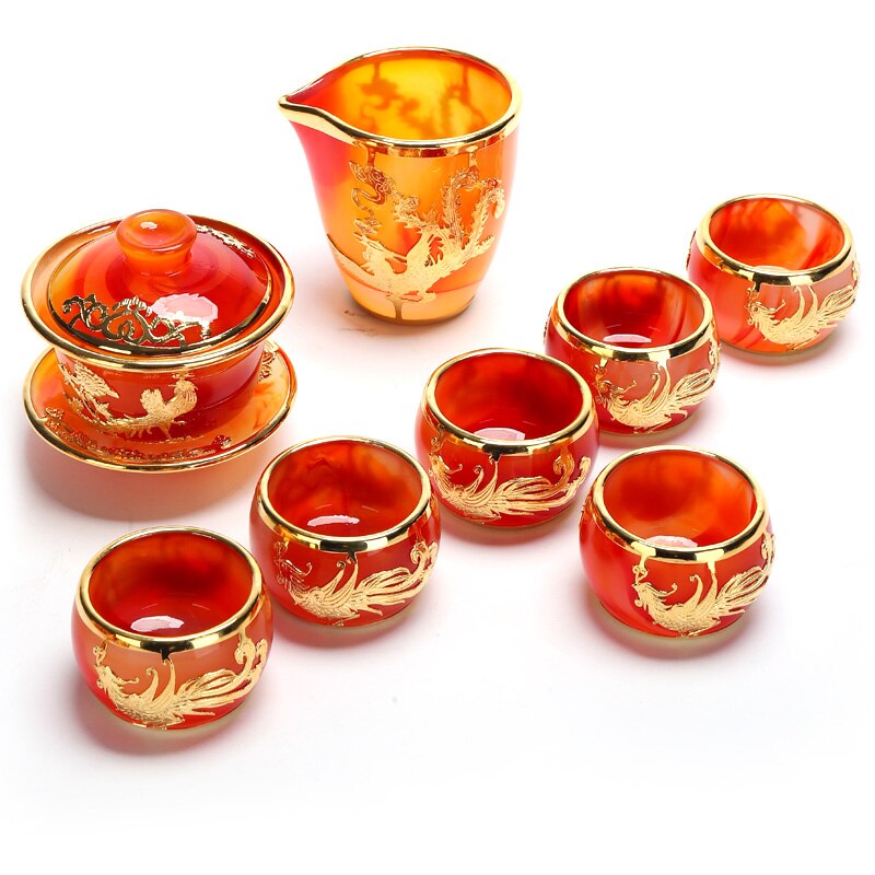 MMOOKA Gold Inlaid with Jade Glass Kung Fu Tea Set Silver Plated Cover Teacup Pitcher Complete Set Jade Porcelain Gift Box