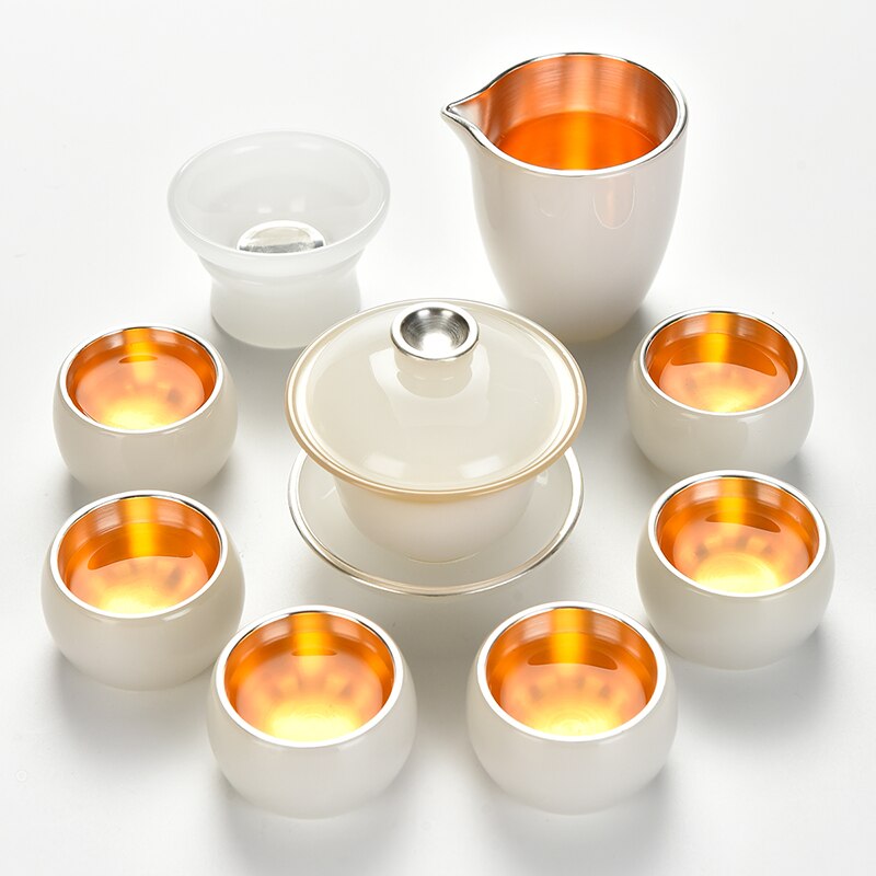 MMOOKA Gold Inlaid with Jade Glass Kung Fu Tea Set Silver Plated Cover Teacup Pitcher Complete Set Jade Porcelain Gift Box