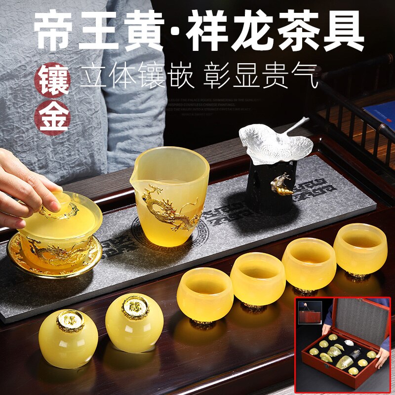 MMOOKA Gold Inlaid with Jade Glass Kung Fu Tea Set Silver Plated Cover Teacup Pitcher Complete Set Jade Porcelain Gift Box