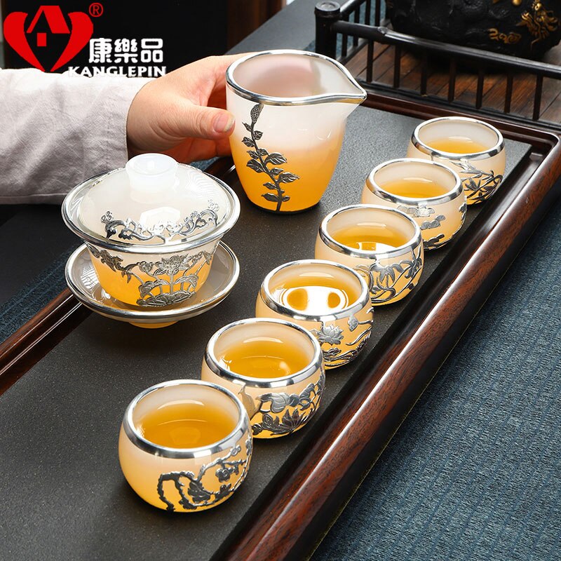 MMOOKA Gold Inlaid with Jade Glass Kung Fu Tea Set Silver Plated Cover Teacup Pitcher Complete Set Jade Porcelain Gift Box