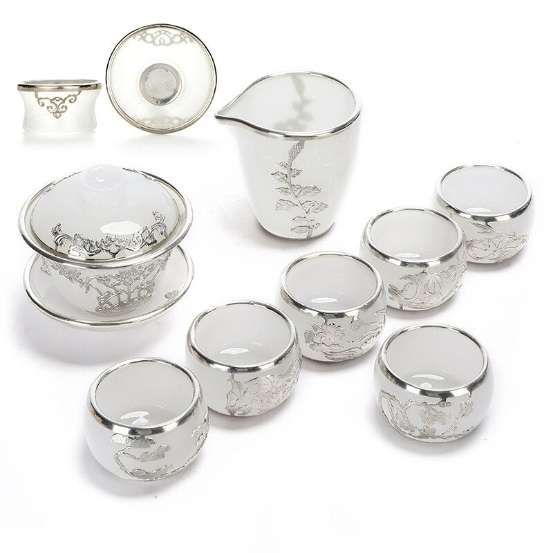 MMOOKA Gold Inlaid with Jade Glass Kung Fu Tea Set Silver Plated Cover Teacup Pitcher Complete Set Jade Porcelain Gift Box