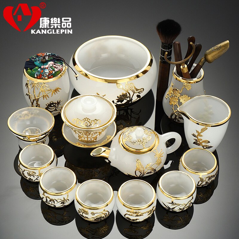 MMOOKA Gold Inlaid with Jade Glass Kung Fu Tea Set Silver Plated Cover Teacup Pitcher Complete Set Jade Porcelain Gift Box