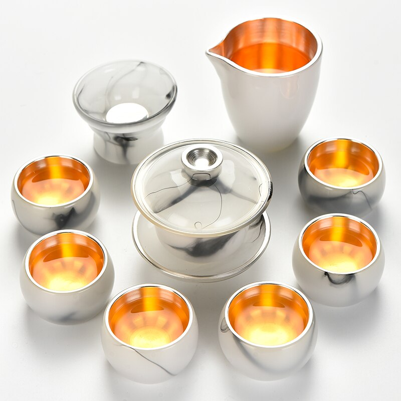 MMOOKA Gold Inlaid with Jade Glass Kung Fu Tea Set Silver Plated Cover Teacup Pitcher Complete Set Jade Porcelain Gift Box