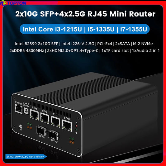 13th Gen Firewall Router Intel i7 1355U i5 1335U 2*10G SFP+ Optical 4x i226-V 2.5G Mini PC 2*DDR5 2*SATA 4*4K Proxmox Host