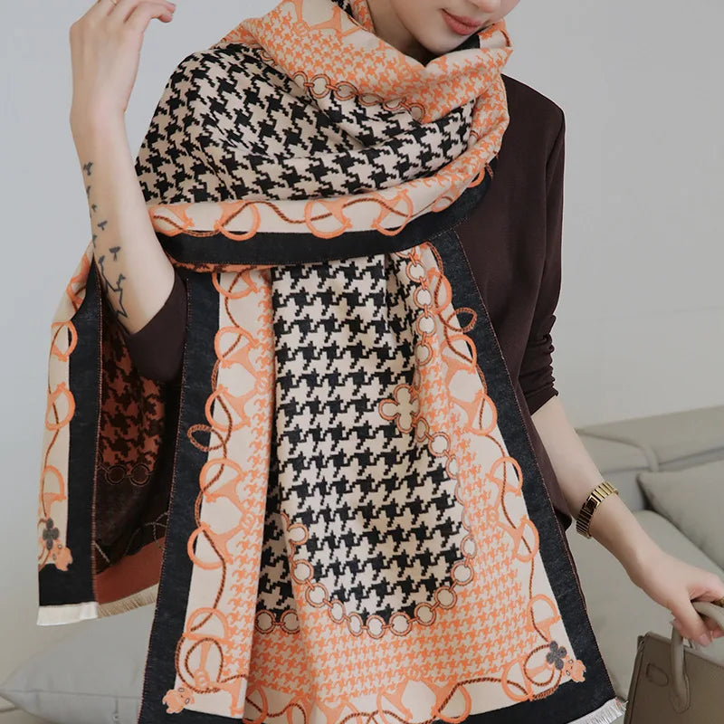 2022 Fashion Winter Warm Cashmer Shawl Blanket Scarf Women Luxury Houndstooth Pashmina Bufanda Neck Scarves New