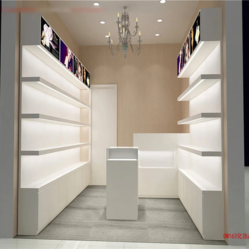 2022 hot sell wooden makeup showcase cosmetic shop counter for makeup shop decoration