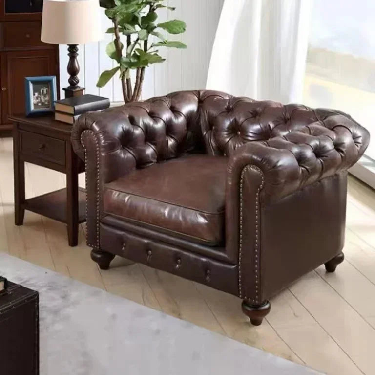 2023 New High Quality Oil Wax Leather Vintage Style Roll Arm Chesterfield Sofa