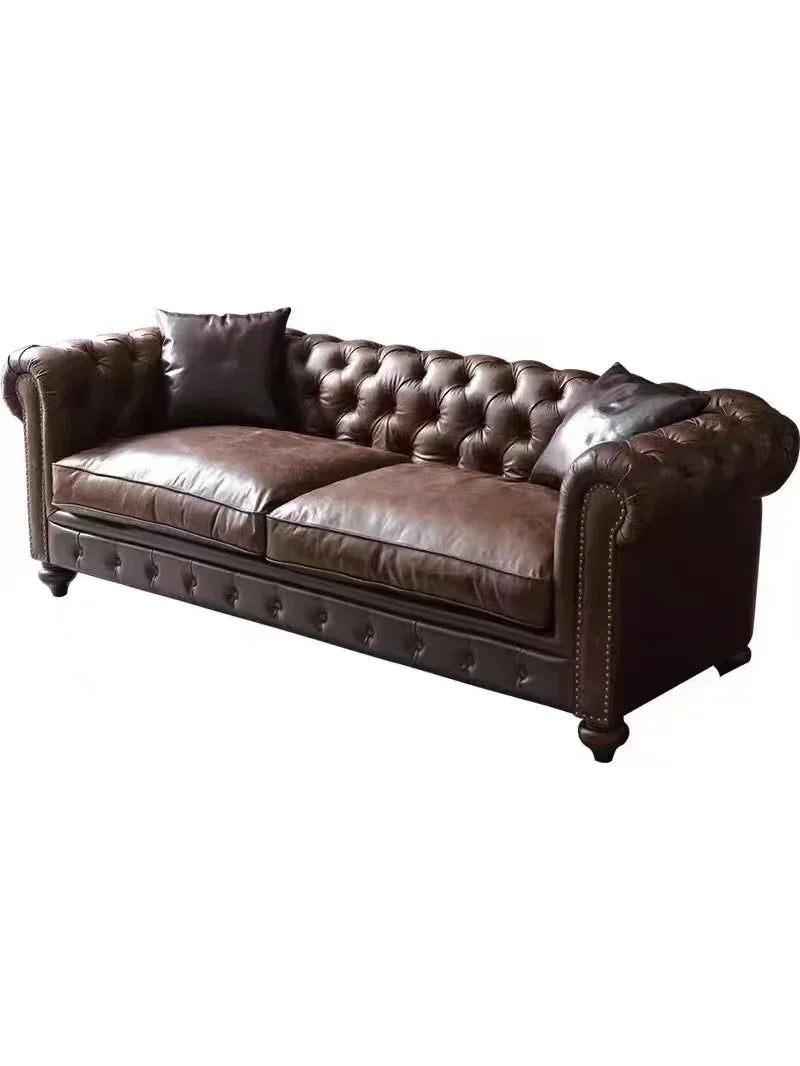 2023 New High Quality Oil Wax Leather Vintage Style Roll Arm Chesterfield Sofa