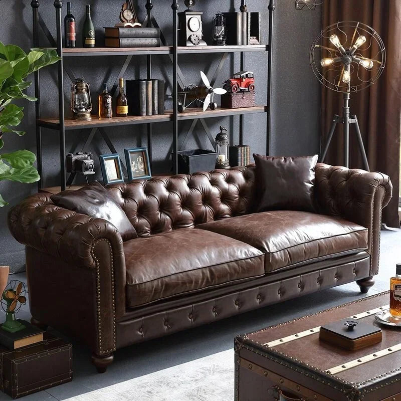 2023 New High Quality Oil Wax Leather Vintage Style Roll Arm Chesterfield Sofa