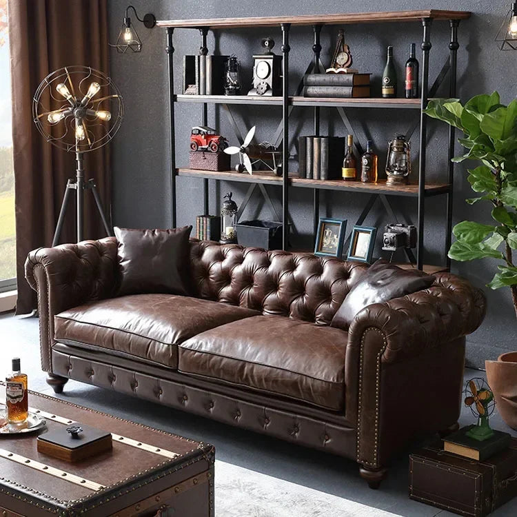 2023 New High Quality Oil Wax Leather Vintage Style Roll Arm Chesterfield Sofa