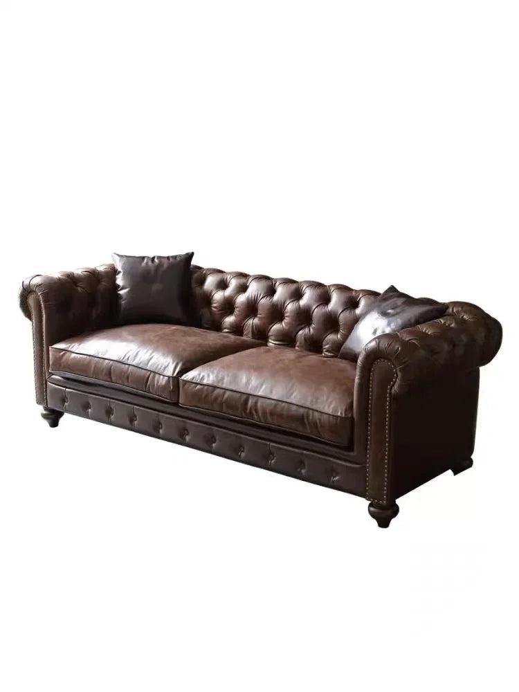 2023 New High Quality Oil Wax Leather Vintage Style Roll Arm Chesterfield Sofa