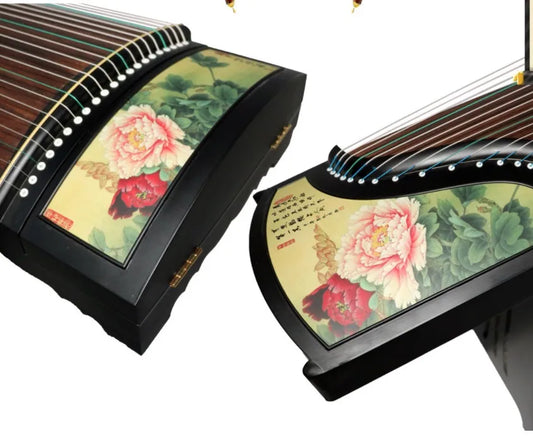 21 String Guzheng Silk Painting Green Peony