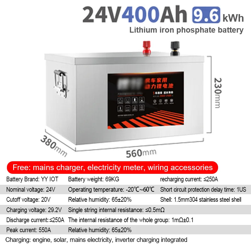24V RV LiFePo4 Lithium Battery Outdoor Large Capacity 100AH 200AH 300AH 400AH 500AH 600AH 800AH Solar Charging