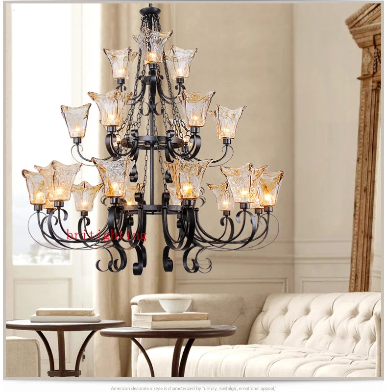 3 Layer Luxury Large Black Chandelier Lighting American Wrought Iron Long Chandelier Villa Hotel Living Room Retro Hanging Lamps