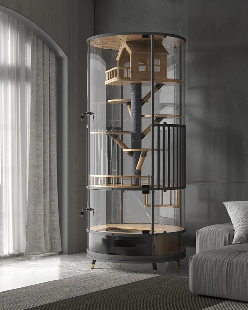 360 ° rotatable cat cage villa solid wood luxury panoramic display cabinet cat nest glass house with toilet