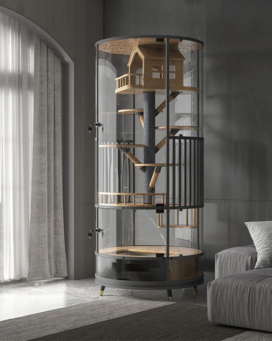 360 ° rotatable cat cage villa solid wood luxury panoramic display cabinet cat nest glass house with toilet