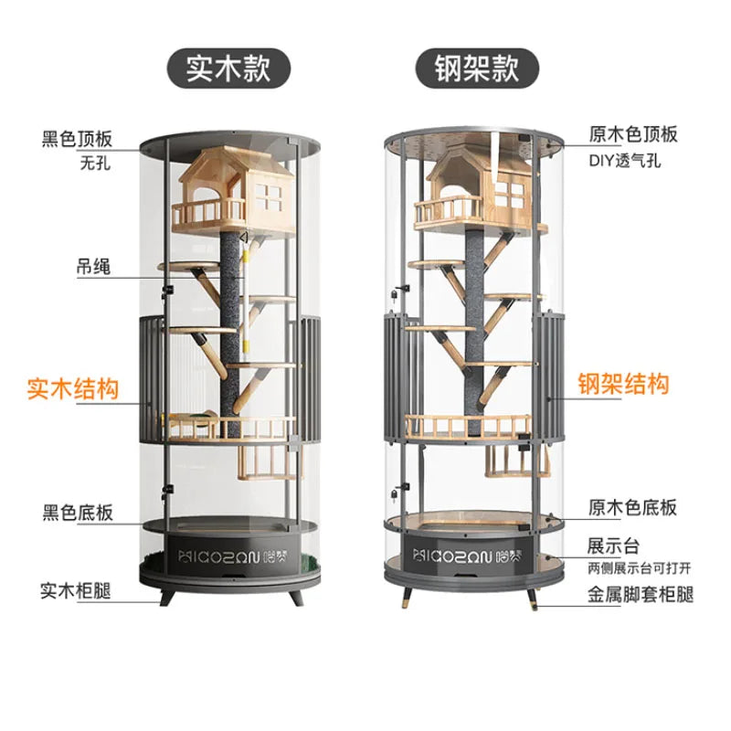 360 ° rotatable cat cage villa solid wood luxury panoramic display cabinet cat nest glass house with toilet