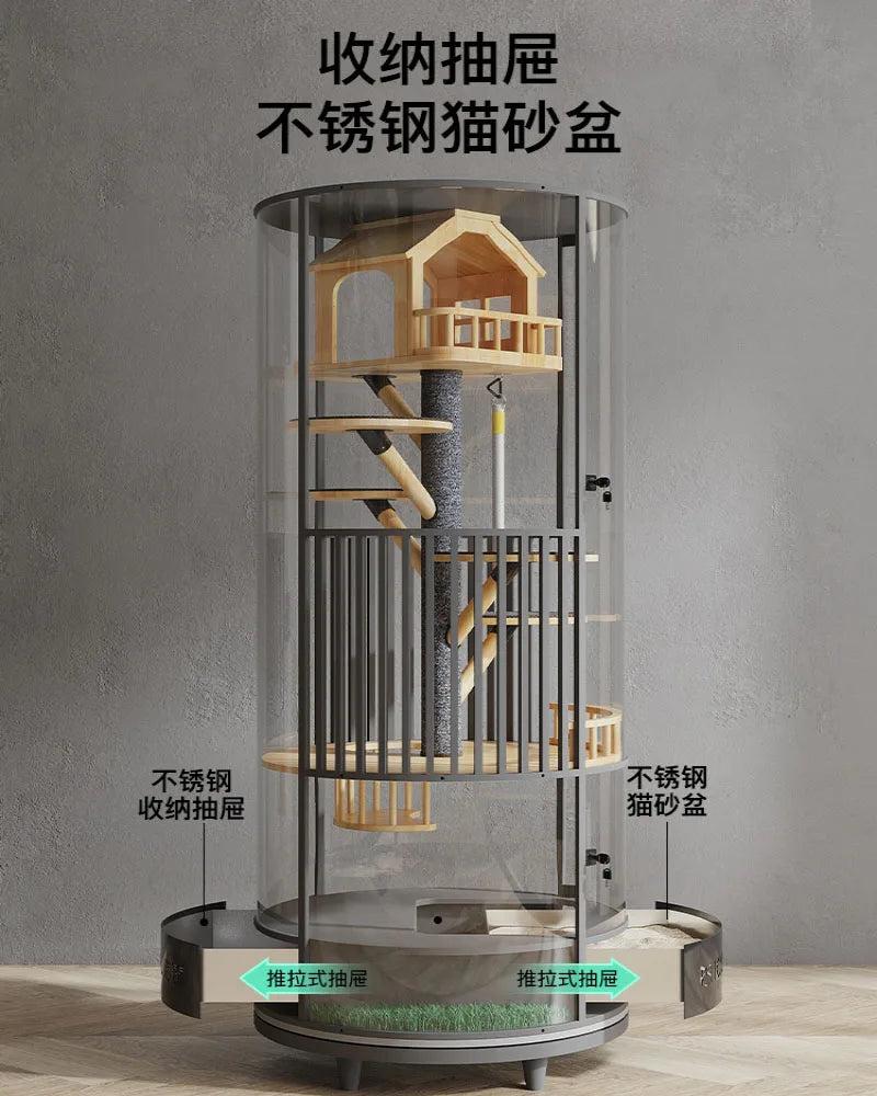 360 ° rotatable cat cage villa solid wood luxury panoramic display cabinet cat nest glass house with toilet