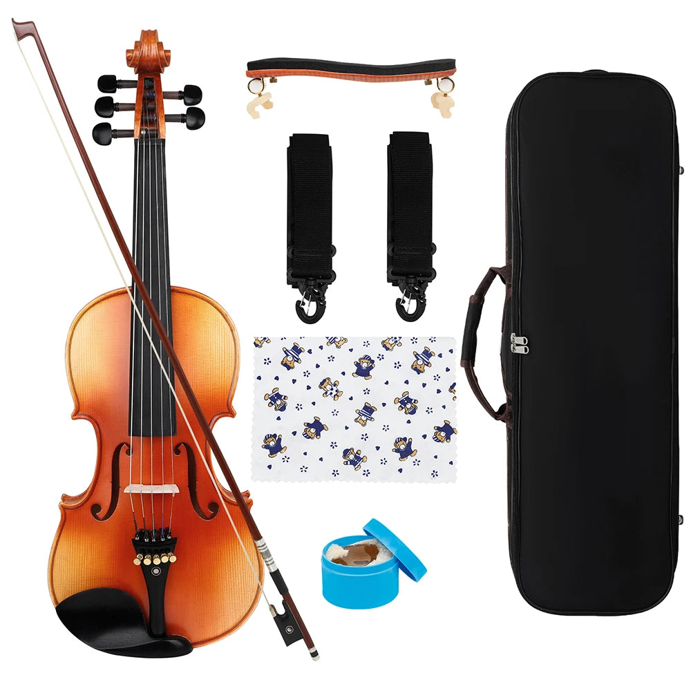 MMOOKA 4/4 Violin Spruce Panel Maple Back Ebony Fingerboard Natural Tiger Pattern Violin with Qin Bow Violin Shoulder Box Cloth Parts