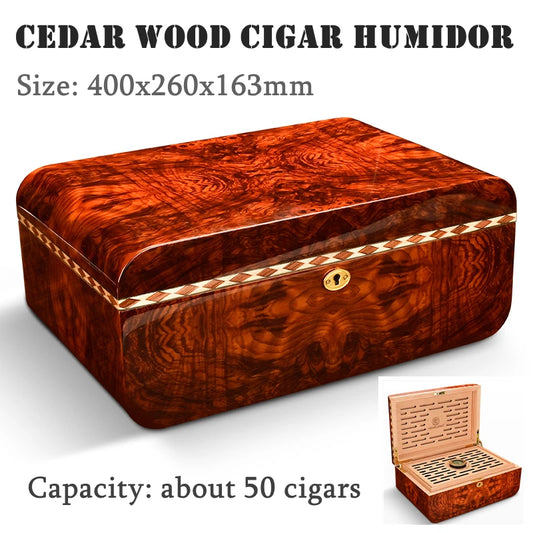 400x260x163mm Cedar Wood Cigar Humidor Professional Capacity 50 Cigarettes Storage Case Piano Paint Cigar Cabinet Cool Gift Box