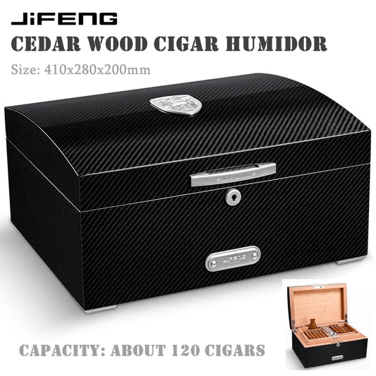 410x280x200mm Cedar Wood Cigar Humidor JIFENG Large-Capacity 120 Cigar Case Professional Carbon Fiber Multi-Zone Storage Box