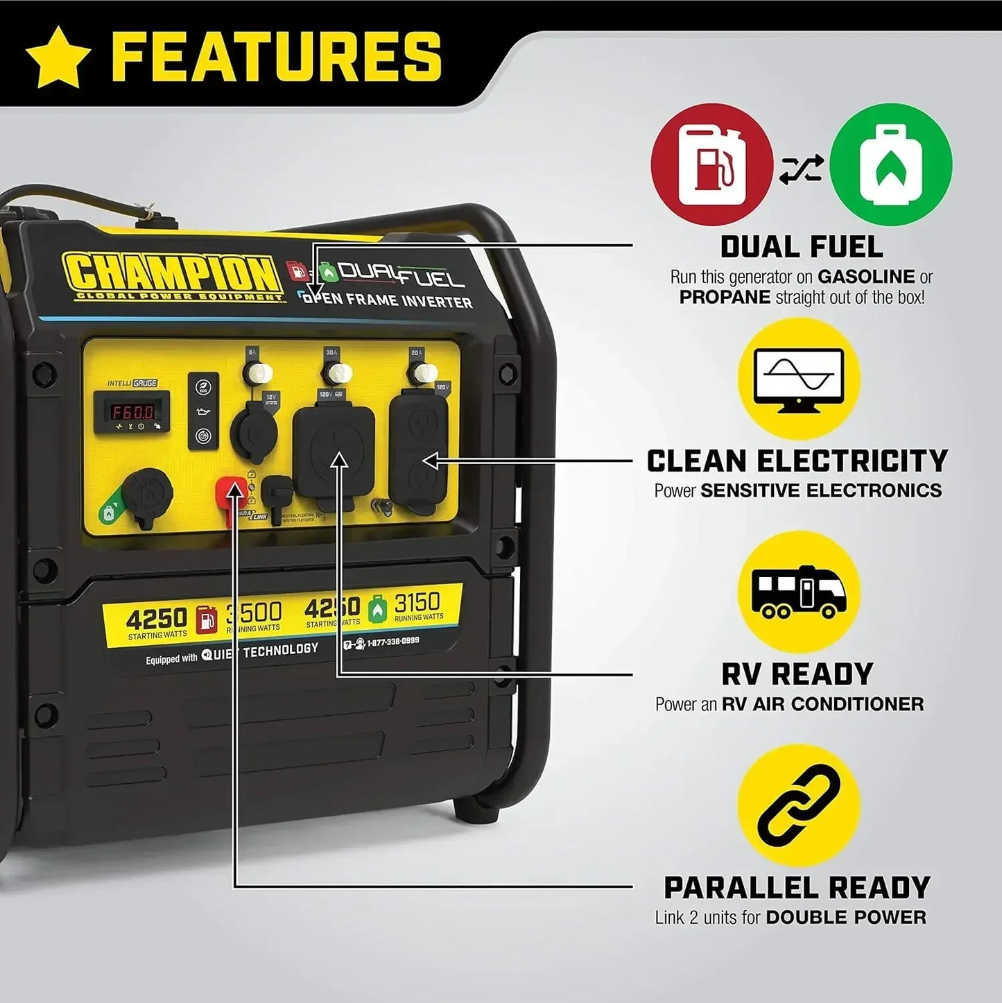4250-Watt Dual Fuel RV Ready Portable Open Frame Inverter Generator with Quiet Technology Economy mode function saves fuel