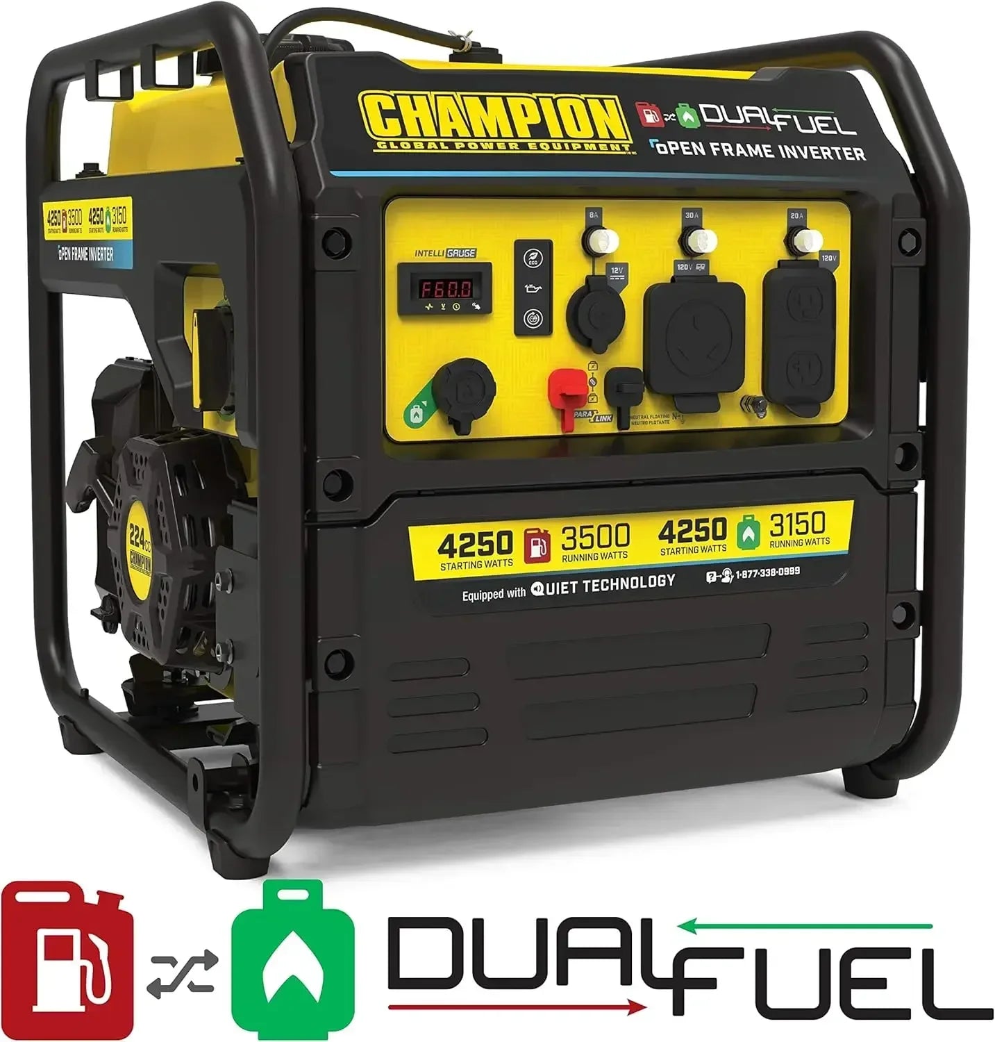 4250-Watt Dual Fuel RV Ready Portable Open Frame Inverter Generator with Quiet Technology Economy mode function saves fuel