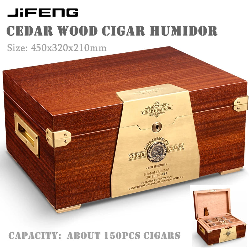 450x320x210mm Cedar Wood Cigar Humidor JIFENG Large-Capacity 150 Cigar Case Professional Solid Wood Paint 2-Layer Storage Box