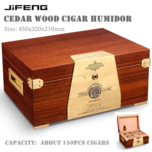 450x320x210mm Cedar Wood Cigar Humidor JIFENG Large-Capacity 150 Cigar Case Professional Solid Wood Paint 2-Layer Storage Box