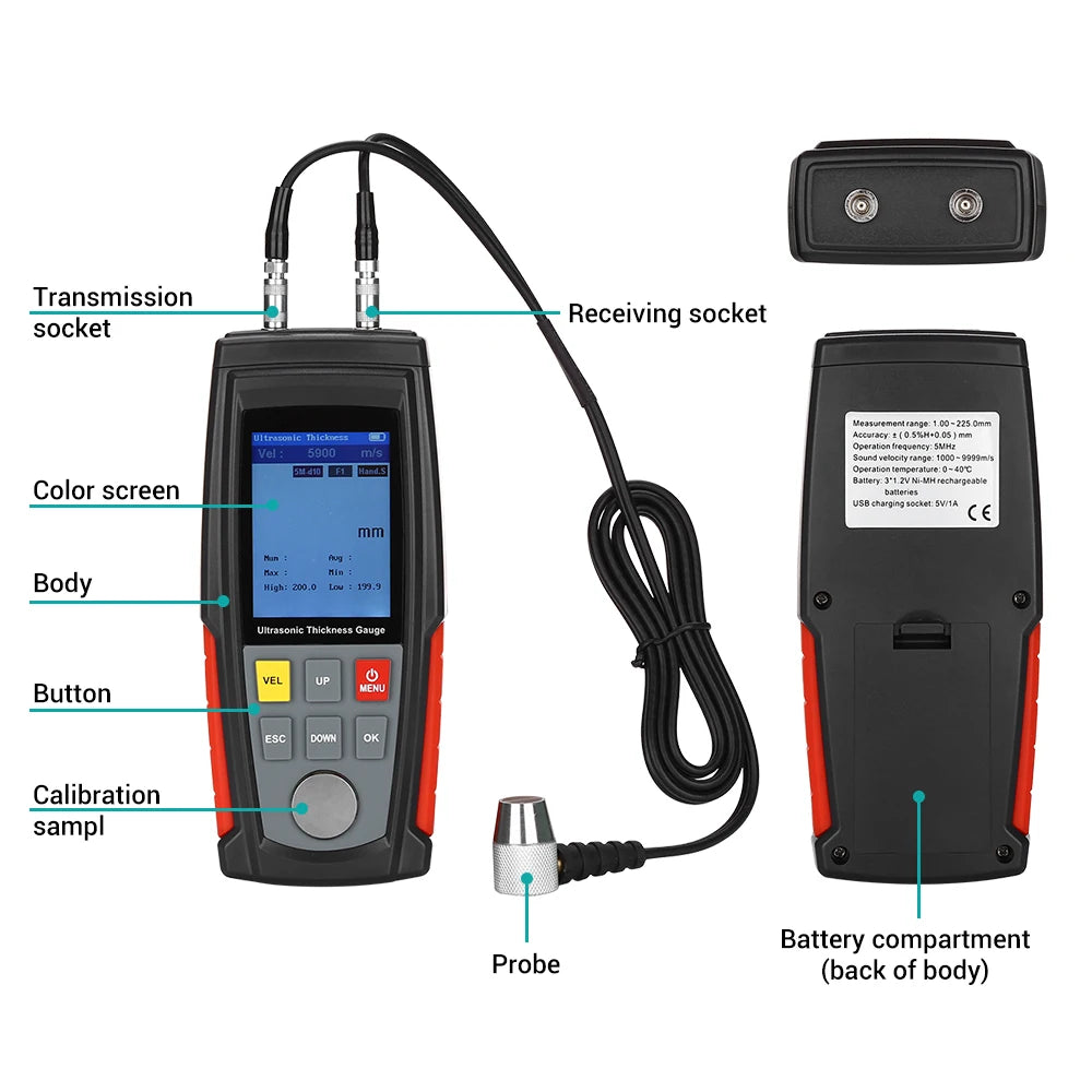 5PCS WINTACT Ultrasonic Thickness Gauge WT100A High Precision Tester Width Measuring Instruments LCD Display Thickness Gauge