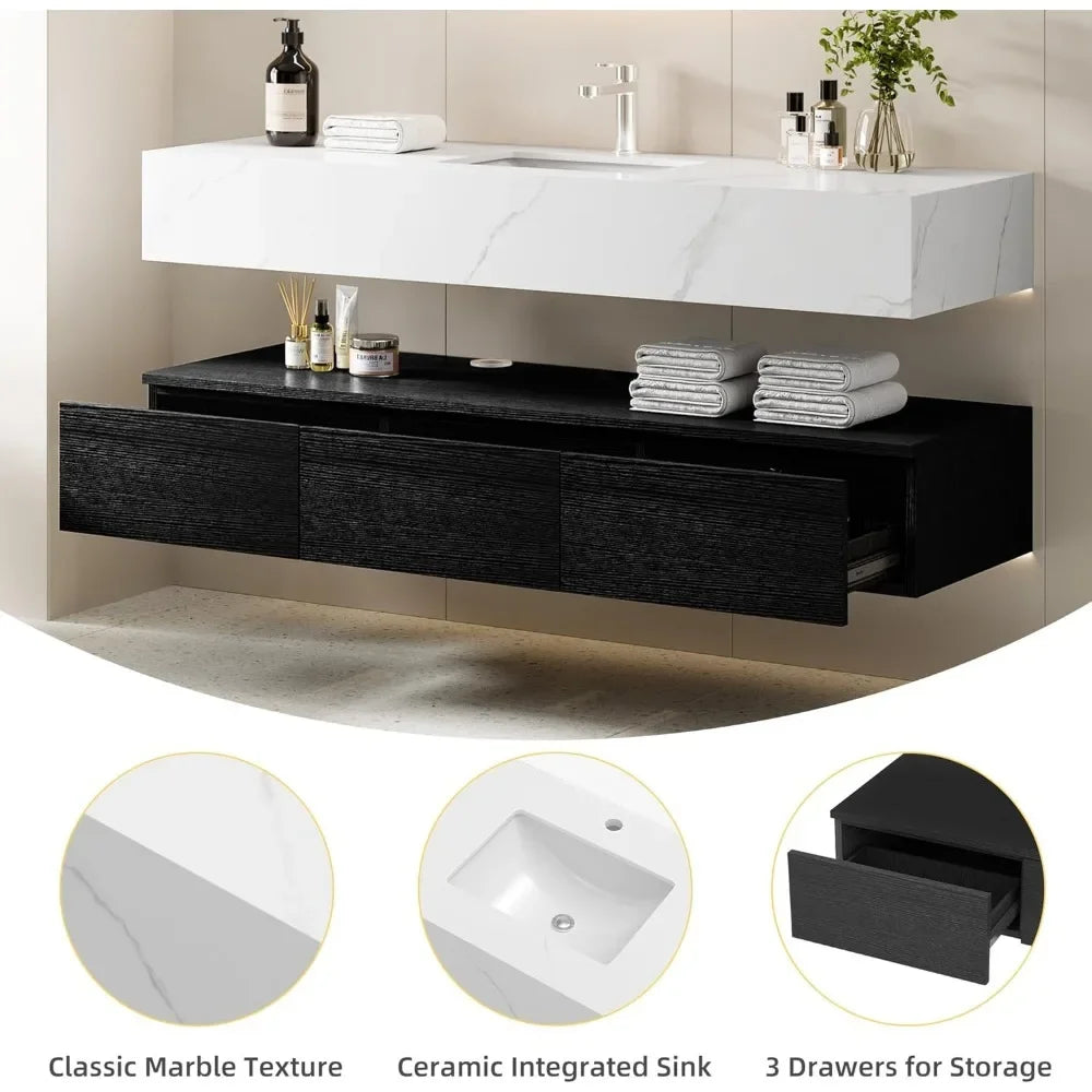 60 Inch Floating Vanity Bathroom Wall Mounted Bathroom Storage Cabinet Single Integrated Set ,Bathroom Vanity Sink Set