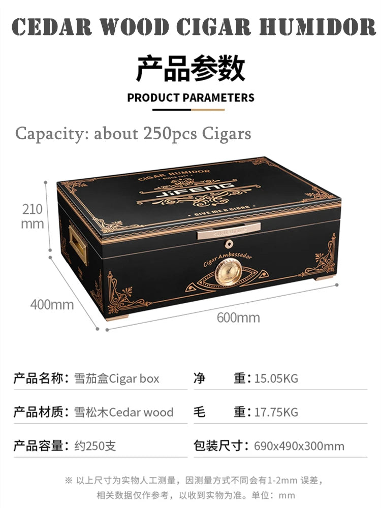 600x400x210mm Cedar Wood Cigar Humidor JIFENG Large-Capacity 250 Cigar Case Professional PianoPaint 2Layer Cigar Storage Cabinet