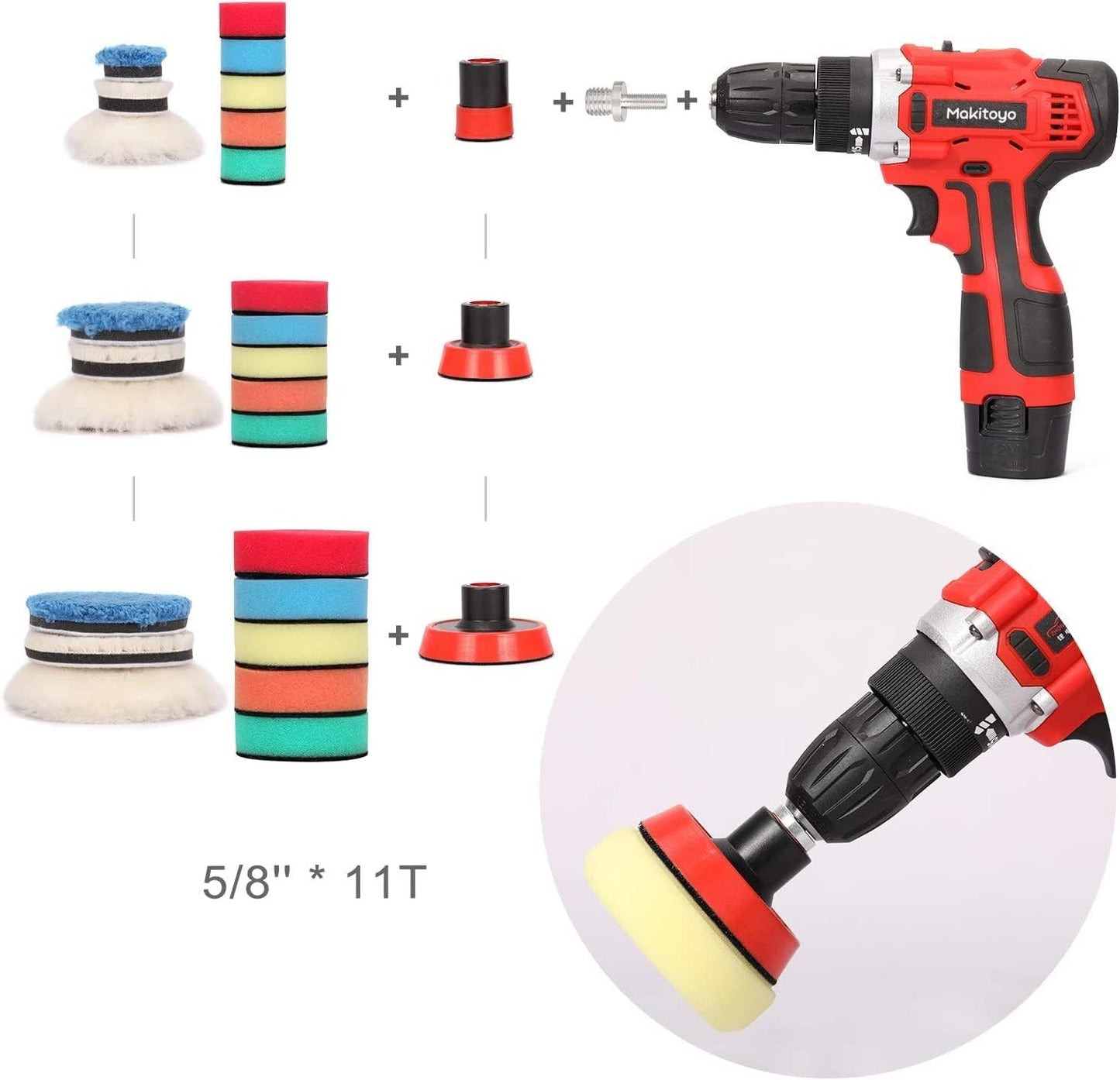 ANTNX 29 Piece Drill Buffing & Detail Polishing Pad Kit 1-inch,2-inch,3-inch with 5/8"-11 Thread Backing pad & Adapters for Car Sanding, Polishing, Waxing, Sealing Glaze ANTNX.COM