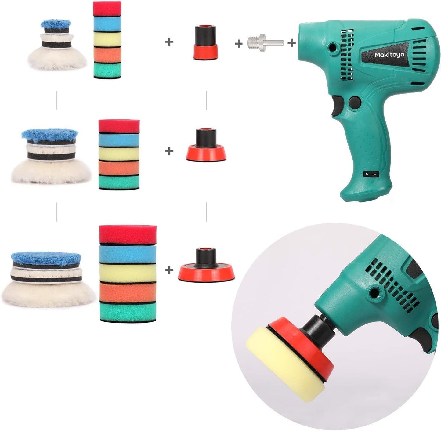 ANTNX 29 Piece Drill Buffing & Detail Polishing Pad Kit 1-inch,2-inch,3-inch with 5/8"-11 Thread Backing pad & Adapters for Car Sanding, Polishing, Waxing, Sealing Glaze ANTNX.COM