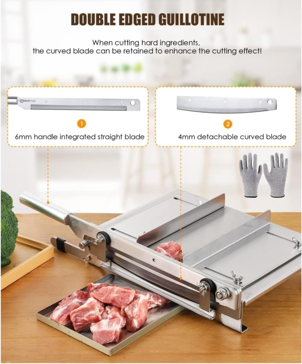 13.5 Inch Heavy Duty Double Blade Guillotine Cutter, Right-Hand Available, Commercial Grade Stainless Steel Meat Slicer for Ribs, Lamb Chops, Chinese Herbs & Ejiao Cake