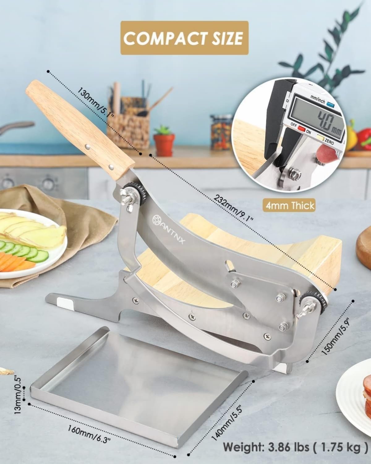 ANTNX Manual Chinese Medicine Slicer Medicinal Herbs Slicing Machine Radiused Biltong Beef Jerky Cutter with Adjustable Thickness Baffle Wooden Base Herb Root Cutting Machine