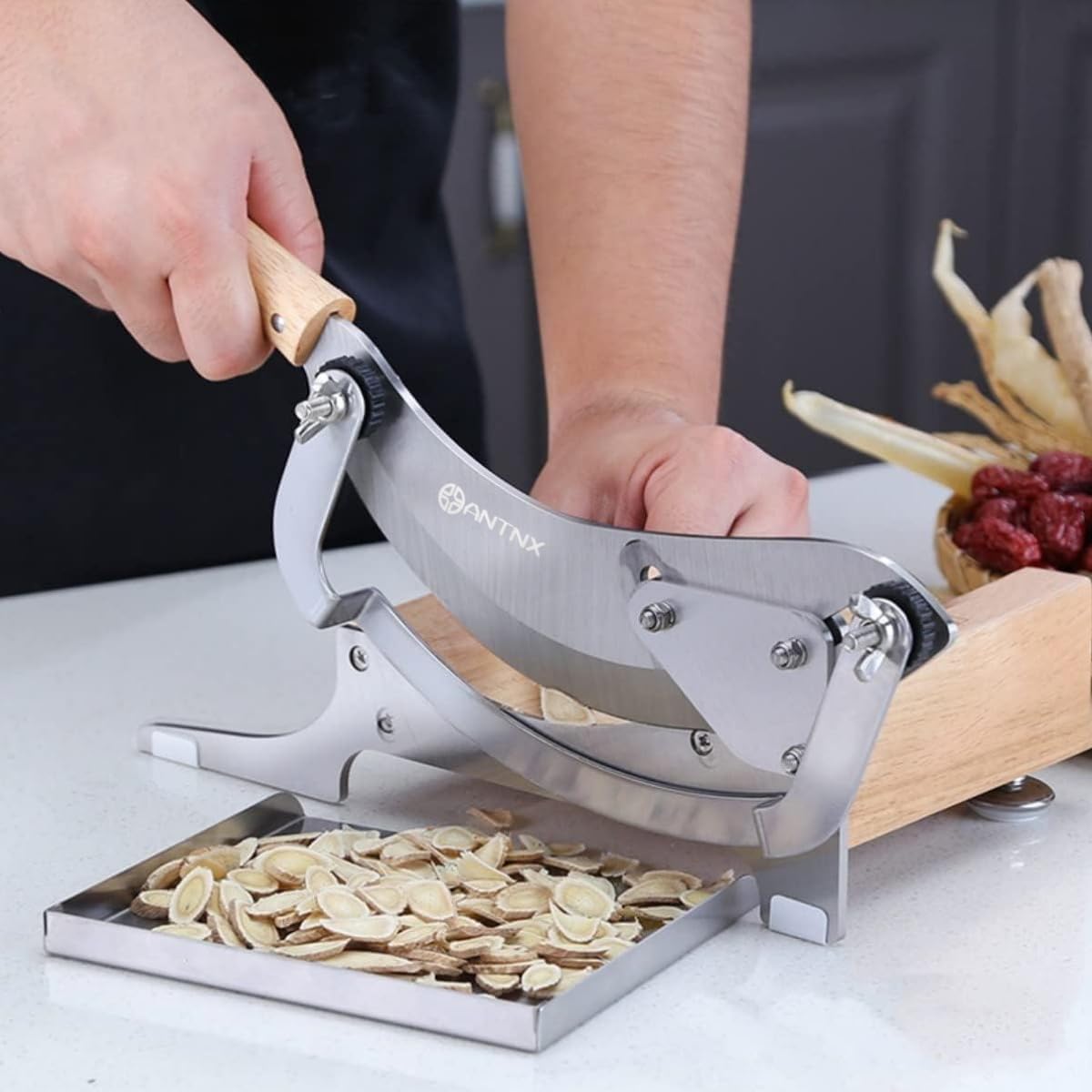 ANTNX Manual Chinese Medicine Slicer Medicinal Herbs Slicing Machine Radiused Biltong Beef Jerky Cutter with Adjustable Thickness Baffle Wooden Base Herb Root Cutting Machine