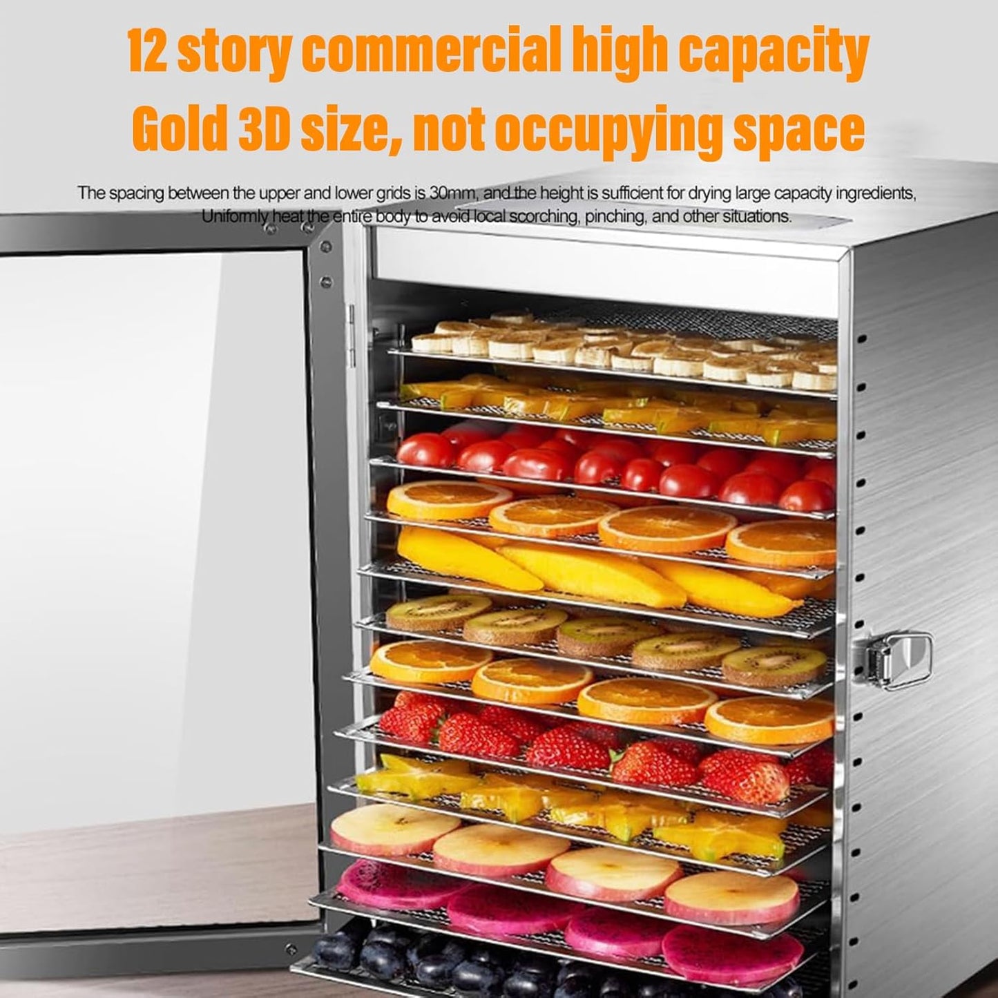 Xoxomeg Commercial Food Dehydrator,12 Trays Stainless Steel Dry Fruit Machine,20-90° Temperature Control,24 Hours Timer,Dual Fan Design,for Herb, Meat, Fruit and Vegetables