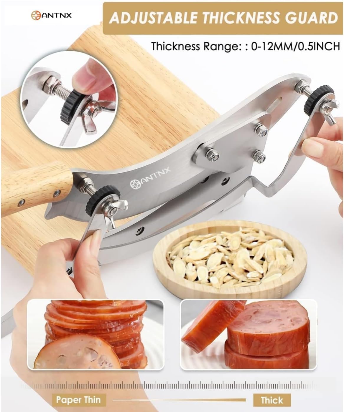 ANTNX Manual Chinese Medicine Slicer Medicinal Herbs Slicing Machine Radiused Biltong Beef Jerky Cutter with Adjustable Thickness Baffle Wooden Base Herb Root Cutting Machine