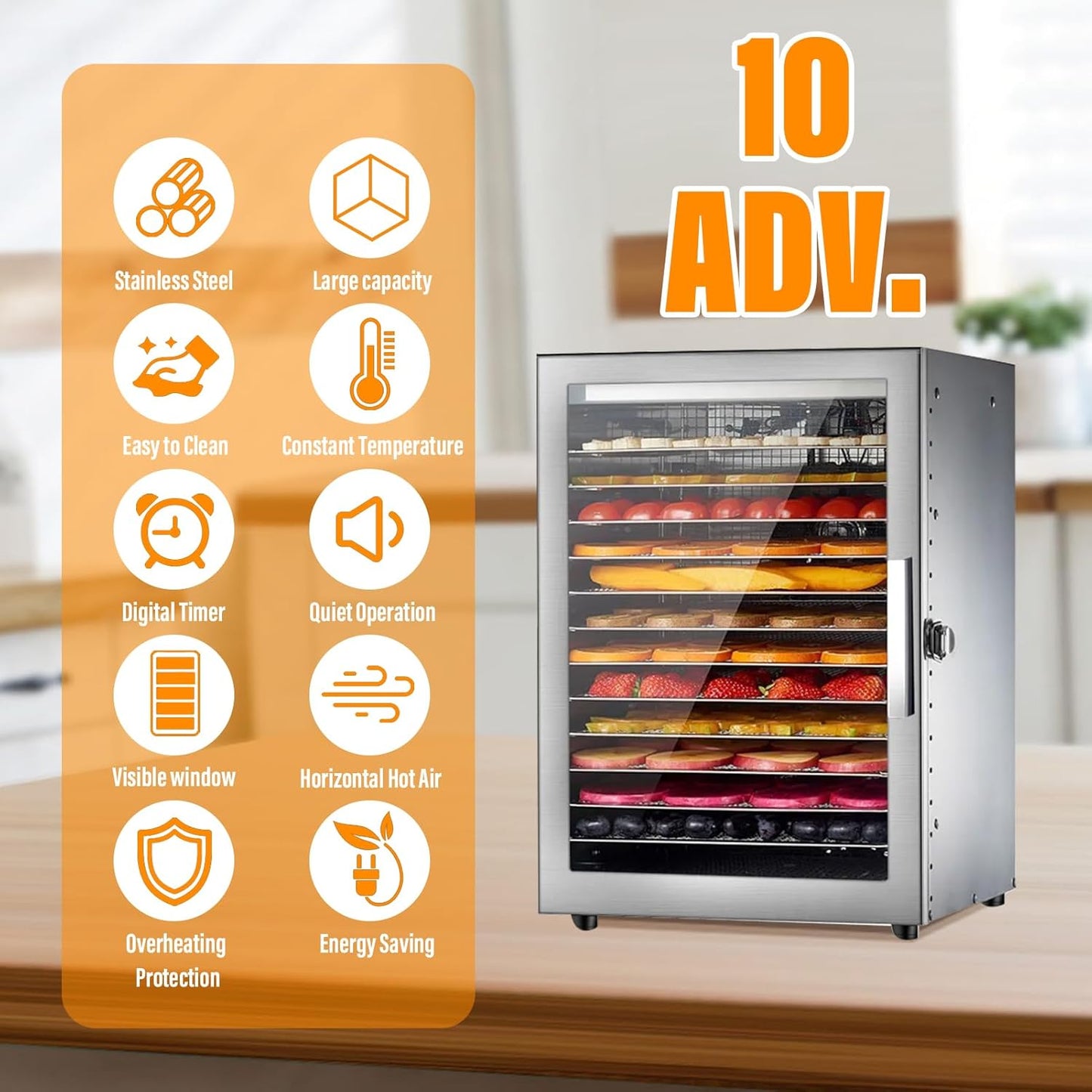 Xoxomeg Commercial Food Dehydrator,12 Trays Stainless Steel Dry Fruit Machine,20-90° Temperature Control,24 Hours Timer,Dual Fan Design,for Herb, Meat, Fruit and Vegetables