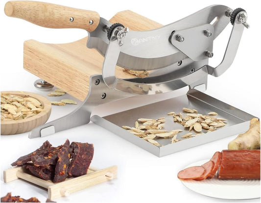 ANTNX Manual Chinese Medicine Slicer Medicinal Herbs Slicing Machine Radiused Biltong Beef Jerky Cutter with Adjustable Thickness Baffle Wooden Base Herb Root Cutting Machine