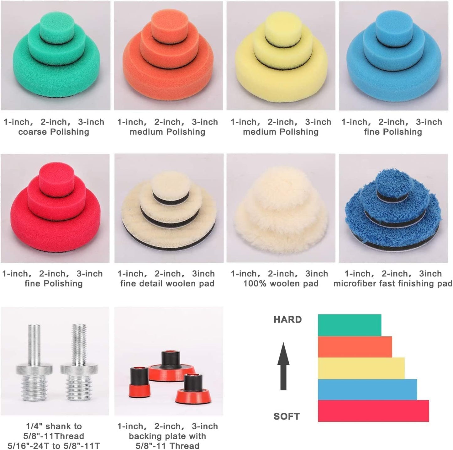 ANTNX 29 Piece Drill Buffing & Detail Polishing Pad Kit 1-inch,2-inch,3-inch with 5/8"-11 Thread Backing pad & Adapters for Car Sanding, Polishing, Waxing, Sealing Glaze ANTNX.COM