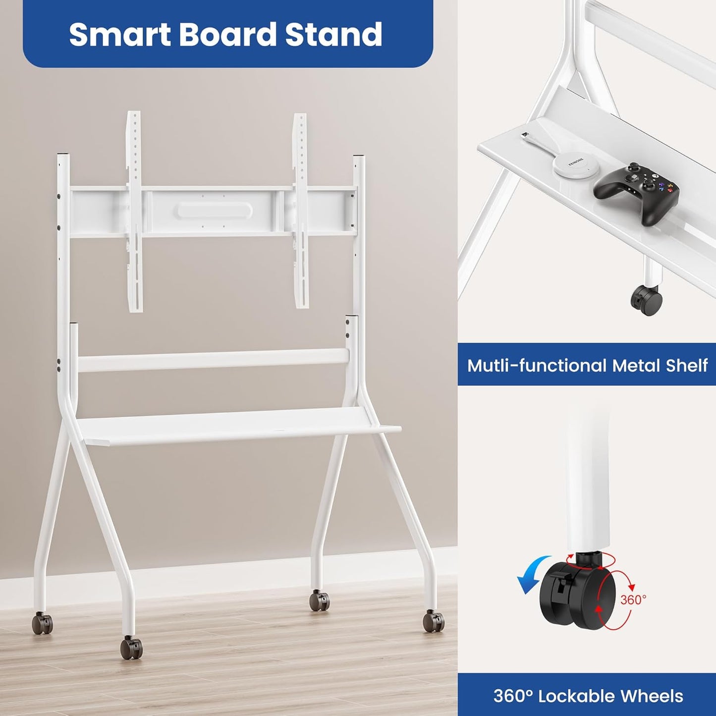 75" Smart Board Stand for Interactive Whiteboard, Mobile Stand with Four Lockable Wheels, Stable and Easy to Move for Home Office School Classroom (White)