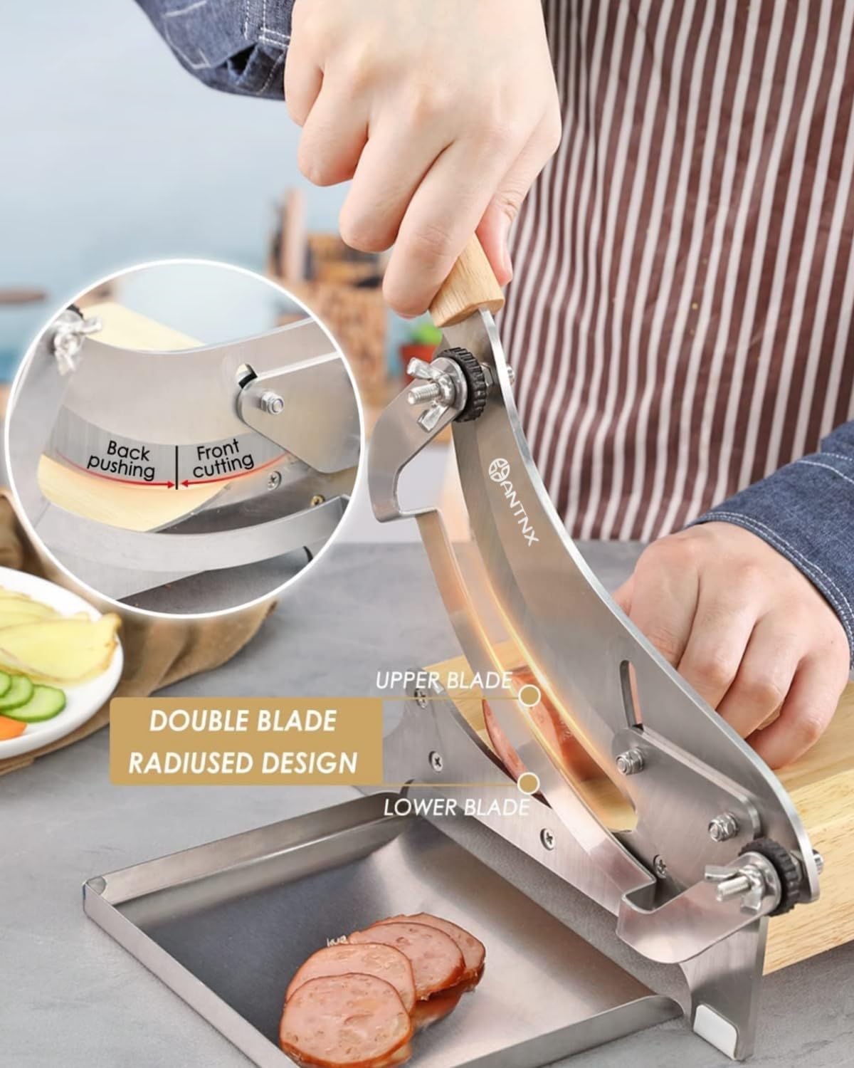 ANTNX Manual Chinese Medicine Slicer Medicinal Herbs Slicing Machine Radiused Biltong Beef Jerky Cutter with Adjustable Thickness Baffle Wooden Base Herb Root Cutting Machine